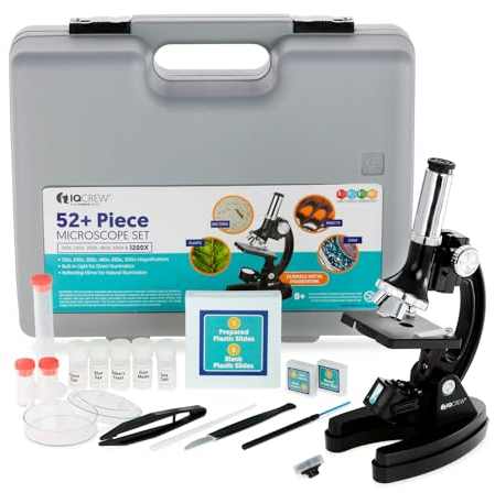 AmScope 120X-1200X 52-teiliges Kindermikroskop-Set für Anfänger, mit Metallkörpermikroskop, Kunststoffträgern, LED-Licht und Tragebox (M30-ABS-KT51), Schwarz