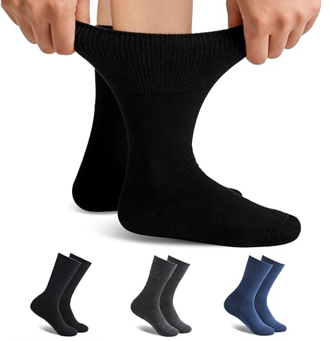 Forcool 3 Pairs Merino Wool Diabetic Socks for Women Men Non Binding Loose Top Non Blister Cushion Diabetes Crew Socks with Seamless Toe, Medium Black/Navy Blue/Dark Gray