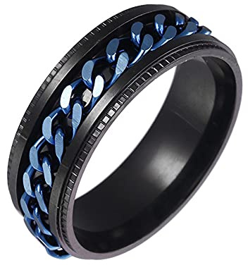 GILIEYER Bague de Spinner en Acier Inoxydable, 8MM Bague de Fidget pour les Hommes Noir/Bleu/Argenté Anneau de pouce à Maillons Cubains Entrelacés/Double Chaîne Taille 6-11 (Bleu, 7)