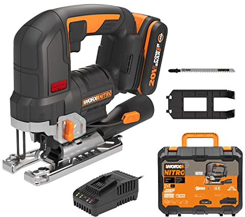 WORX Sierra de calar 20V | Power Share| WX542 Potente motor sin escobillas |1 batería de 2Ah, cargador y maletín | 3 posiciones, penduleo y tubo de aspiración