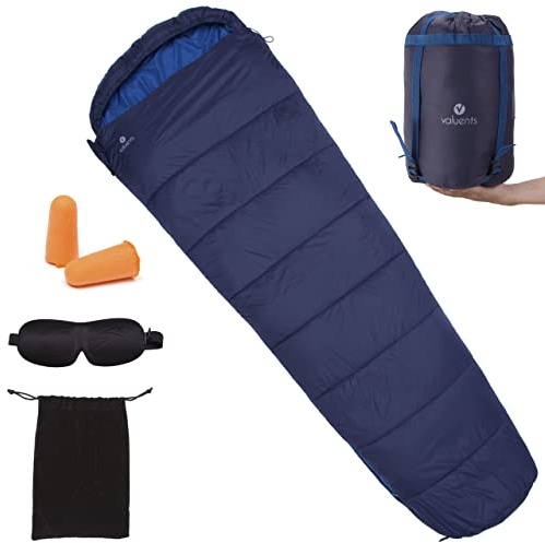 valuents Saco de dormir para exteriores de 215 cm, ultraligero y cálido, con relleno de microfibra: 3-4 estaciones (300 gsm), tamaño pequeño del paquete + máscara: antifaz para dormir y tapones para