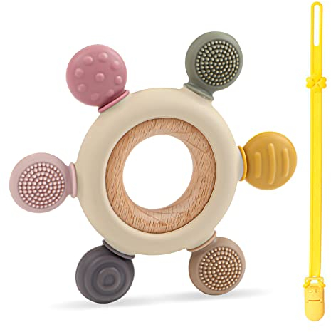 Beißring Baby, Zahnungshilfe Baby, Beißring aus Silikon, Beissring Baby, Beißring Baby Kühlend, BPA-frei Baby Zahnungshilfe,Zahnen Nursing Zubehör für 3+ Monate Baby (mit Baby Schnullerkette Silikon)