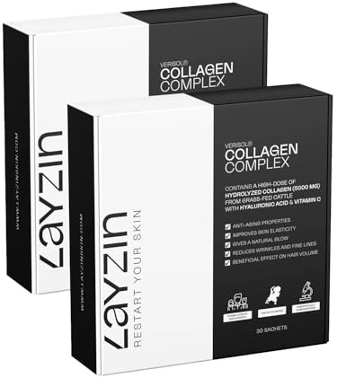LAYZIN Kollagenpulver för Kvinnor med Verisol® Kollagen, Hyaluronsyra & Vitamin C – Anti-Aging Skönhetsformula för Hudföryngring samt Hår & Naglar – Stärker Huden, Halal – 60 Portionspåsar, Unisex