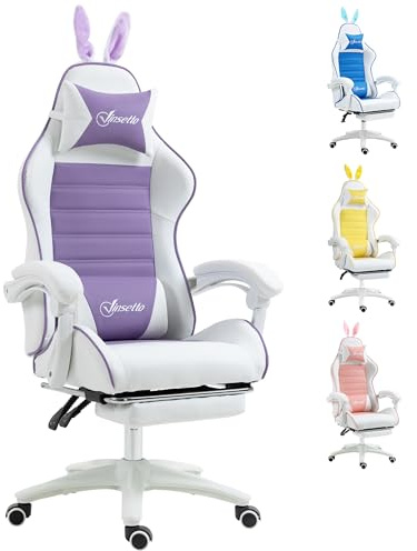 Vinsetto Reclining Racing Gaming Chair with Headrest and Lumber Support, PU Leather Computer Chair with Removable Rabbit Ears, Footrest, Purple