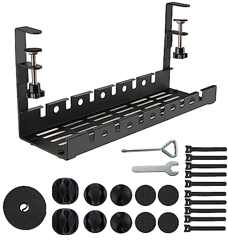 Cable Management without Drilling, Under Desk Cable Tray with Clamp, Wire Management Tray Kit Cord Organizer Under Standing Desk, Steel Desk Cable Rack Basket for Storing Extension Leads & Plugs