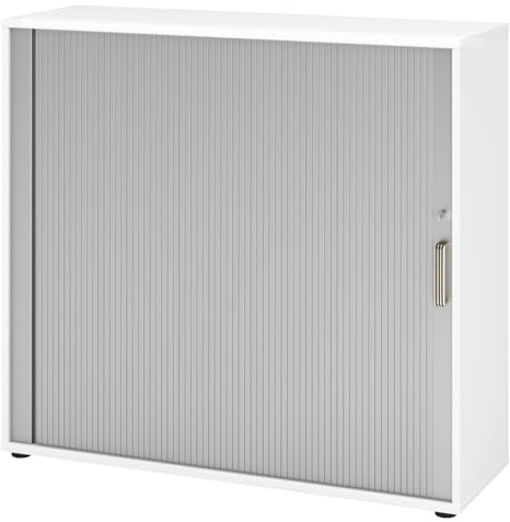 bümö Aktenschrank abschließbar mit Rollladen, Rollladenschrank für Ordner & Co. - Büroschrank mit Rollo, abschließbarer Ordnerschrank aus Holz in Weiß/Silber mit Streifengriff