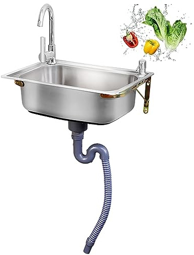 Fregadero Cocina 1 seno con Grifo, Lavabo de Baño Pequeño Montado en la Pared, Mini Lavabos Pequeños, Fregadero de Acero Inoxidable 304 , Lavabo Suspendido, para Lavar, Jardín, Restaurante y Bar ( Siz