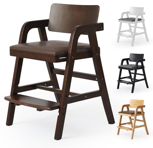 Leesinwing Wooden High Chair for Toddlers & Baby, Adjustable Dining Feeding Chair Grows with Kid, Ergonomic High Chair for Babies, Water Resistant PU Seat Cushion, for Home & Restaurant - Walnut
