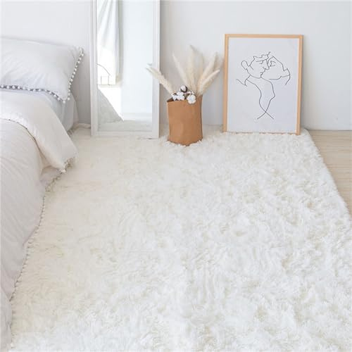 Treer Tapis de Salon Lavable, Moelleux Tapis à Poils Longs Moderne, Doux et Antidérapant, Fausse Fourrure pour Enfant, Chambre à Coucher, Maison Décor (80 x 160cm, Blanc)