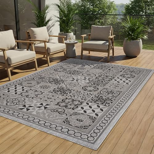 TAPISO Melissa Teppich Outdoor Grau Schwarz Mosaik Indoor Küche Flur Wohnzimmer Schlafzimmer Balkon Terrasse Kurzflor Flachgewebe ÖKO-TEX 160 x 230 cm
