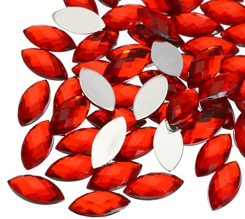 QUARKZMAN 50pz Pietre Preziose in Acrilico con Retro Piatto 7mm x 15mm a Forma di Occhio Cavallo Gemma Artificiale per Artigianato Pittura Viso Creazione Gioielli Finti, Rosso