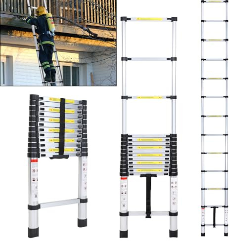 Fiqops 3,8 m teleskopstege, halkfri aluminium stående stege 150 kg/330 pund, lastkapacitet utdragbar stege, aluminiumstege med bärhandtag