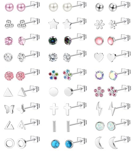 JeweBella 27 Pares Pendientes Acero Inoxidable Mujer Pendientes Niña Plata Hipoalergénicos Pequeños Pendientes Mujer Plata Multicolor Perla Circonita Flor Estrella Corazón Mariposa Pendientes