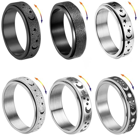 APMGONT 6 pcs Bagues Anti Stress en Acier Inoxydable pour Femme Homme Ensemble Hommes Anneaux Spinner en Acier Inoxydable Bague Lune Étoile pour Relaxation Mariage Promise (Argent-A, 65)