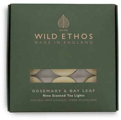 Wild Ethos Scented Tea Lights - Natural Wax - Long Lasting & Blended Natural Essential Oils - Pack of 9 - Made in The UK - Select Your Scent (Rosemary & Bay Leaf)