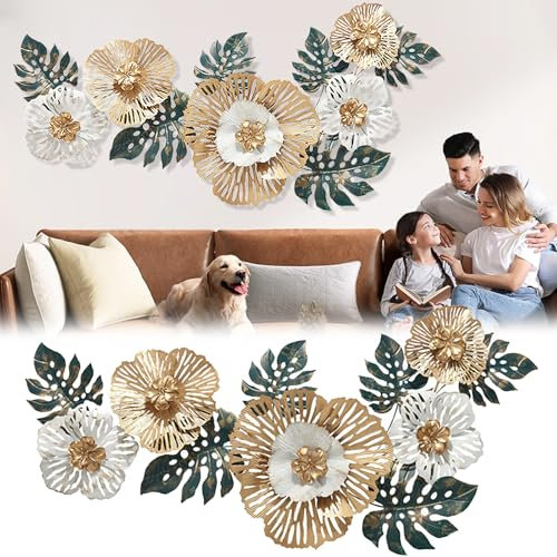 Decorazione Murale 3D Soggiorno, 138X57cm Parete Fiori Sculture Metallo Sospesa, Divano Sfondo Ufficio Ornamenti Murali Con 4 Viti