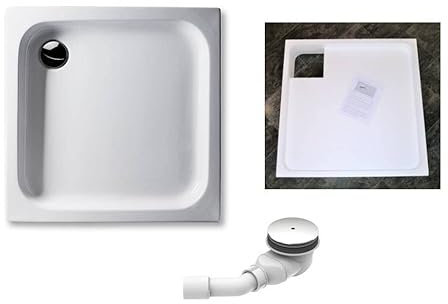KOMPLETT-PAKET: Duschwanne 80x80 cm flach 6,5cm weiß Acryl + Styroporträger/Wannenträger + Ablaufgarnitur chrom DN 90 / Gesamthöhe ca. 19,5cm / Deutscher Hersteller (weiß, 80 x 80 cm)