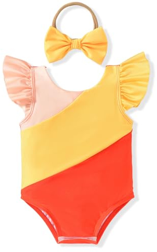 HIHA 3-4T Toddler Swimsuit Girl Color Block One Piece Bathing Suits Toddler Ruffle Swimsuit Girl Swimwear Orange Size 4