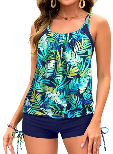 Holipick Womens 2 Piece Tankini Swimsuit Blouson Tummy Control Bathing Suit, Blue Green Leaves, XL