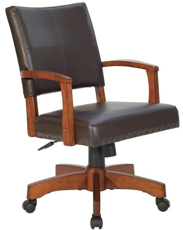 Pemberly Row Deluxe Wood Bankers Chair, Espresso Faux Leather, Adjustable Seat Height, Padded Seat and Back, Dual Wheel Carpet Casters, Classic Home Office Chair for Indoor Residential Use