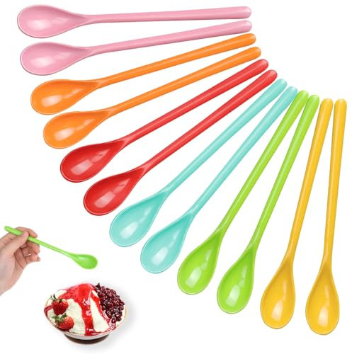 Ferenando 12 Pièces Cuillere Longue en Plastique Rigide Réutilisable 18.5cm, 6 Couleurs Cuillère à Café Longue, Cuillère à Confiture Long Manche, pour Yaourt, Crème Glacée, Pudding, Thé, Cocktails