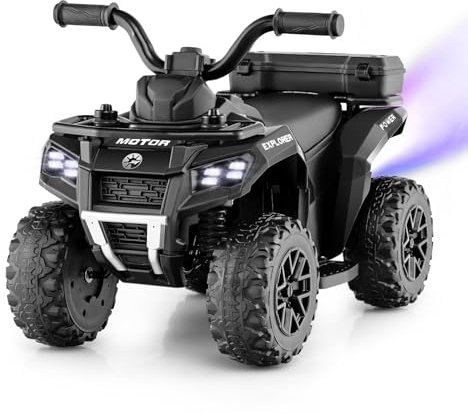 Maxmass 6V Kids Electric Quad Bike, Battery Powered Ride on ATV Car with Spray Function, Horn, Music, LED Lights, Storage Basket, Children Electric Vehicle Toy Cars for 18+ Months Old (Black)