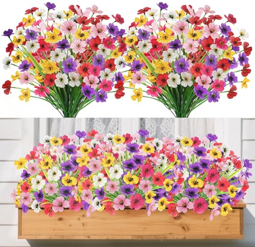 Yueshop 12 Bundles Artificial Flowers, UV Resistant Artificial Flowers Fake Plants Outdoor, 6 Colors Realistic Faux Plastic Spring Flower in Pots Indoor for Home Garden Porch Balcony Window Box Decor