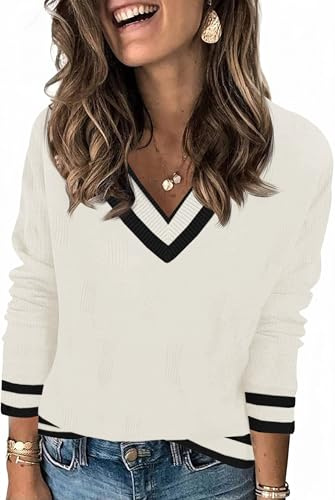 Saodimallsu Maglione da donna a maniche lunghe con scollo a V, maglione a maglia leggero a righe, top in maglia casual basic, maglietta autunno inverno, bianco, L