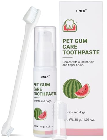 UNEK pasta de dientes para perros y gatos, sabor sandía – Kit cuidado de encías y dientes, 2 cepillos, alivia las encías y refresca el aliento, 30 g