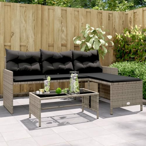 Mimdixy Mobili da balcone, sala da giardino, mobili da esterni, mobili lounge, mobili da balcone, esterni, divano da giardino a forma di L, con tavolo e cuscino, grigio polyrattan, facile da montare