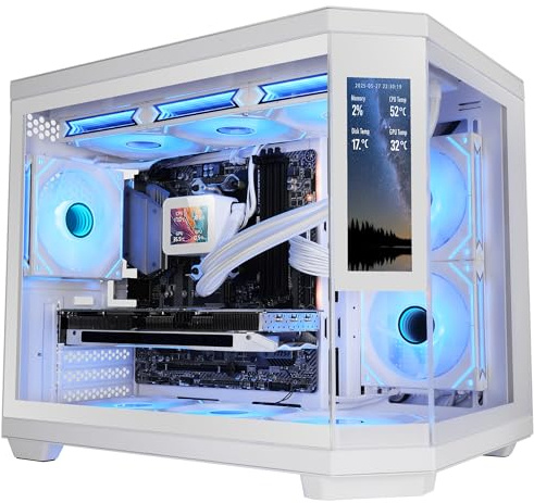 Mars Gaming MC-3TCORELCDM Micro-ATX Gaming-Gehäuse, anpassbarer 7,2 IPS-Bildschirm, dreifaches gehärtetes Glas, Doppelkammerstruktur, Unterstützung für Flüssigkeitskühlung bis 360mm, Weiß