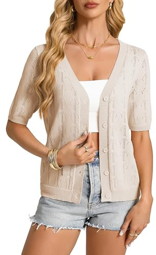 GRACE KARIN Cardigan léger à manches courtes pour femme avec boutons et col en V, abricot, S