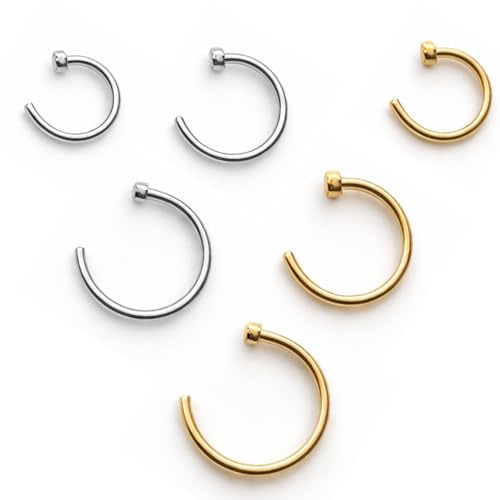 Icyowls 6 PCS Piercing falso nariz aro septum, aros de titanio 20G en C 6/8/10 mm, finos hipoalergénicos para nariz, labio, cartílago y hélix, para hombres y mujeres