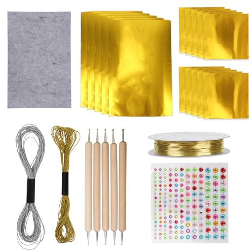 Gold Metal Foil Craft Set, Includes 15 Gold Leaf Sheets 2 Embroidery Threads 1 Non-Woven Fabric 5 Engraving Pens 1 Diamond Sticker 1 Roll Copper Wire Suitable for Engraving Embossing Art Project