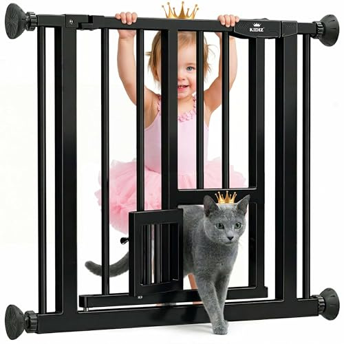Kidiz Barrière de sécurité à serrer avec chatière, barrière de porte, fermeture automatique pour escalier pour enfants sans perçage | Arrêt à 90°, pivotante, barrière de sécurité pour escalier, Noir