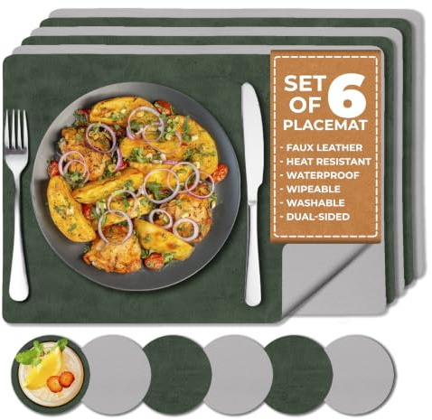 Manteles Individuales Doble Cara y Posavasos Set 6 | Salvamanteles Individuales | Mantel Individual para Mesa | Cuero Sintético Lavable Antimanchas (Verde/Gris)