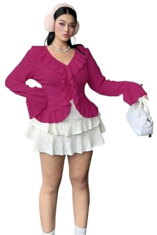 UJEDFHV volangblus för kvinnor rosa blus med V-ringning för kvinnor, elegant, volang, utsvängda ärmar, hjärturringning, bubble, avslappnad, chic, topp för extra stor storlek för att jämföra, rosa, En