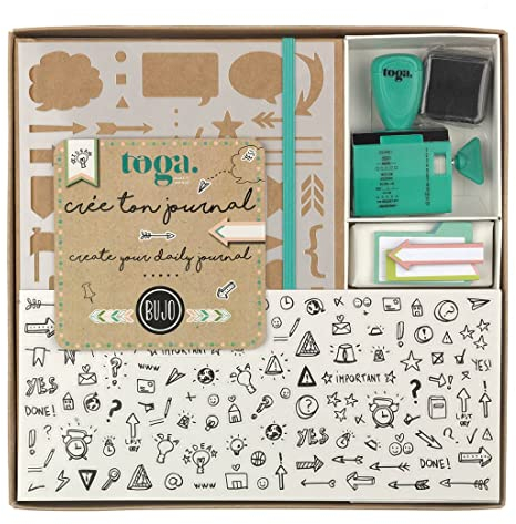DRAEGER PARIS 1886 - Kit Bullet Journal Complet - Cahier à Petits Pois A5 100g/m², Pochoir, Stickers, Tampon Molette Encreur Noir - Agenda DIY Personnalisé pour Organisation Efficace et Créative