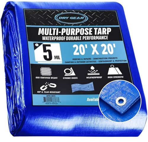 Dry Gear Tarps 20x20 Blue Tarp Waterproof – 5 MIL Thick Tarpaulin Outdoor Cover - Multipurpose Protection Poly Tarp for Camping, Tent, Roof, Patio, Pool, Floor, Furniture, Boat, Truck Beds, Pack of 1