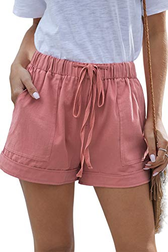 HVEPUO Linne- och bomullsshorts för damer, med elastiskt band, hotpants för sommaren, breda och korta byxor, XL