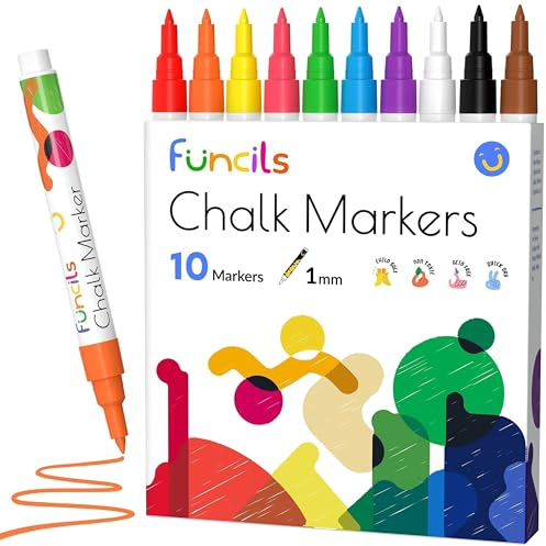 Funcils 10 Extra Fine Tip Chalk Markers for Chalkboard Signs, Blackboard, Window, Labels, Bistro, Glass, Car (10 Pack, 1mm) - Wet Wipe Erasable Ink Chalkboard Markers, Liquid Chalk Pens