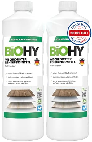 BiOHY Robot för avtorknings rengöringsmedel (2 x 1l flaska) | Golvrengöringsmedel för alla trägolv som parkett & laminat | koncentrat med en fräsch doft streckfri glans | vegan (Wischroboter Holz)