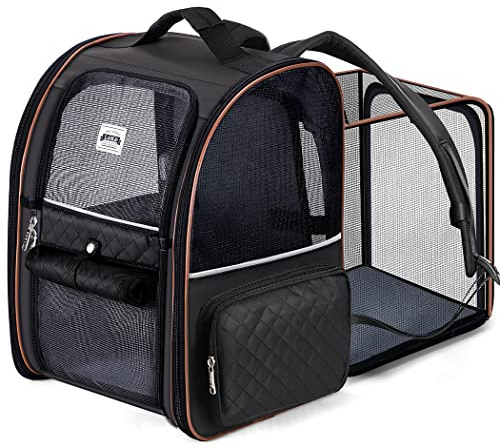 Lekebobor Großer Katzen-Rucksack, erweiterbar, Haustier-Tragetasche, für kleine Hunde und mittelgroße Katzen bis ca. 8 g, faltbar, für Reisen, gesteppt, Schwarz