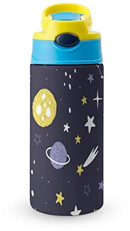 Thermos Cup 500Ml Planets Stars Insulated Water Bottle with Straw for Sports and Travel 19x6.8 cm