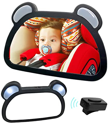 Rücksitzspiegel für Baby, 360° Schwenkbar Auto Baby Spiegel mit Nachtlicht und Haken,Bruchsicherer Rückspiegel für Kindersitz und Babyschale,für allerlei Kopfstützen,Stabil und Leicht Einzustellen