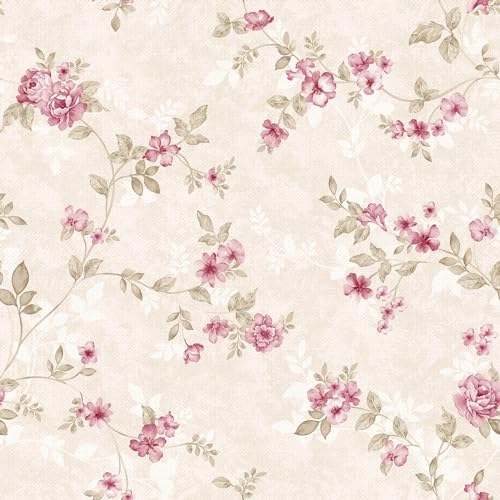 Yullpaper Rouleau Adhésif Décoratif Vintage Papier Peint Fleurs Roses Film pour Meuble Floral Feuillage Chambre Fille Salon Revêtement 44,5cm x 300cm