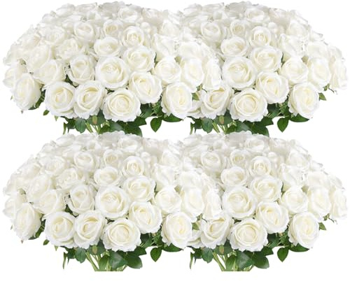 Hananona Artificial Roses in Bulk, Fake Velvet Silk Roses Realistic Rose for Wedding Centerpieces Flower Arrangement Home Decor (50, White)