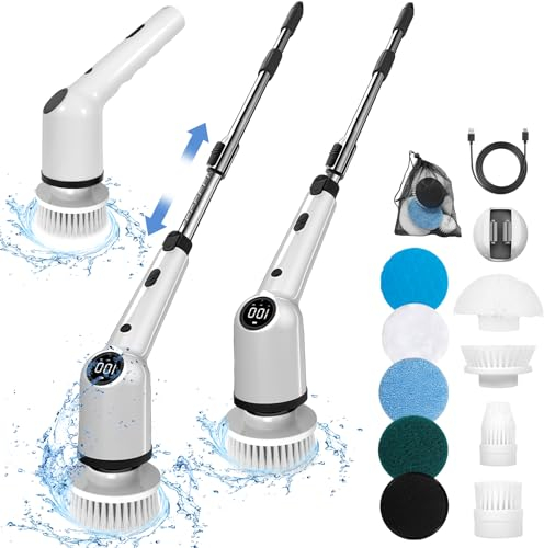 MULEVIP Elektrische Reinigungsbürste,Power Scrubber,Putzbürste Elektrisch mit 8 Austauschbaren Bohrbürstenköpfen,Verstellbarem Elektrische Bürste zum Putzen für Boden,Bad Küche und Auto (Black)