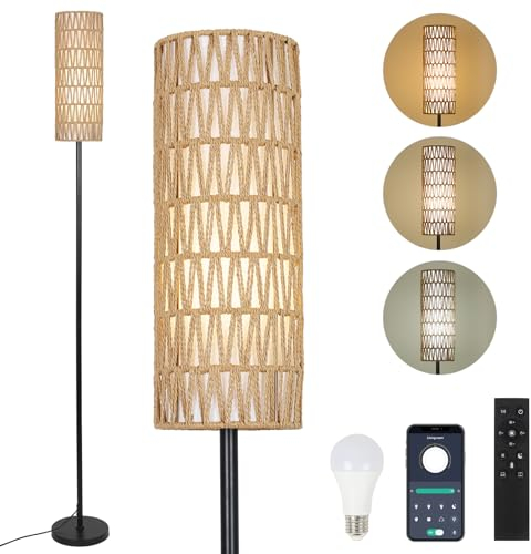 Rayofly Lampada da Terra in Rattan per Soggiorno, Dimmerabile con Telecomando e App di Controllo, Boho con Paralume in Rattan e Lino, Lampadina Inclusa