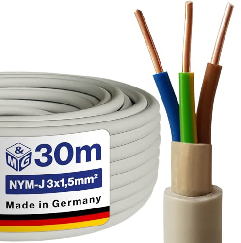 M&G Techno NYM-J 3x1,5 mm² Stromkabel 3 Polig NYM Kabel 3 adrig Mantelleitung Erdkabel Elektrokabel Feuchtraumkabel elektrische Leitung 30m